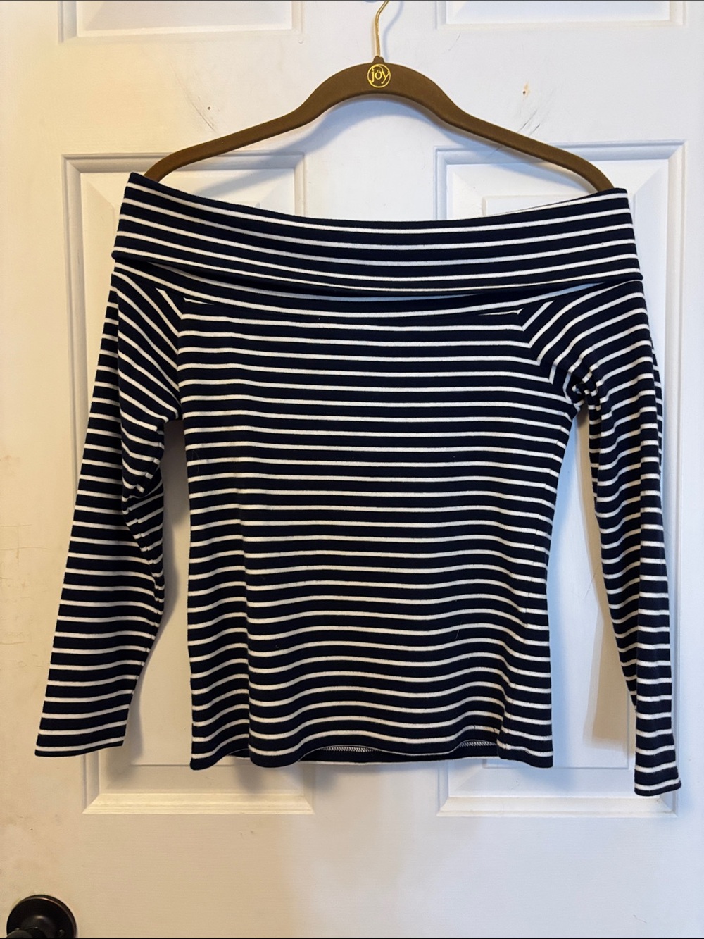 J. Crew Off-the-Shoulder Long Sleeve Navy and White Stripe Top